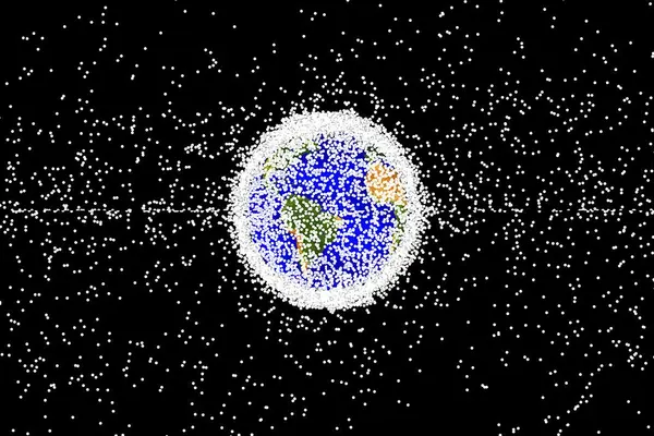 A computer-generated image of the Earth as seen from space, surrounded by tiny glowing white dots of space debris